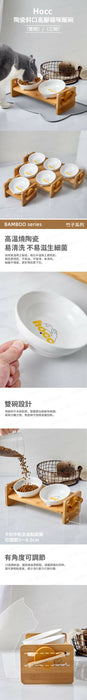 HOCC - Bamboo Frame Ceramic Slanted High Leg Cat 2 Bowl│Cat Food Bowl│2 Bowls│